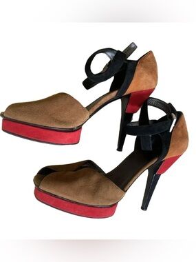 Prada Brown Suede Platform Heels with Black Straps and Red Accents